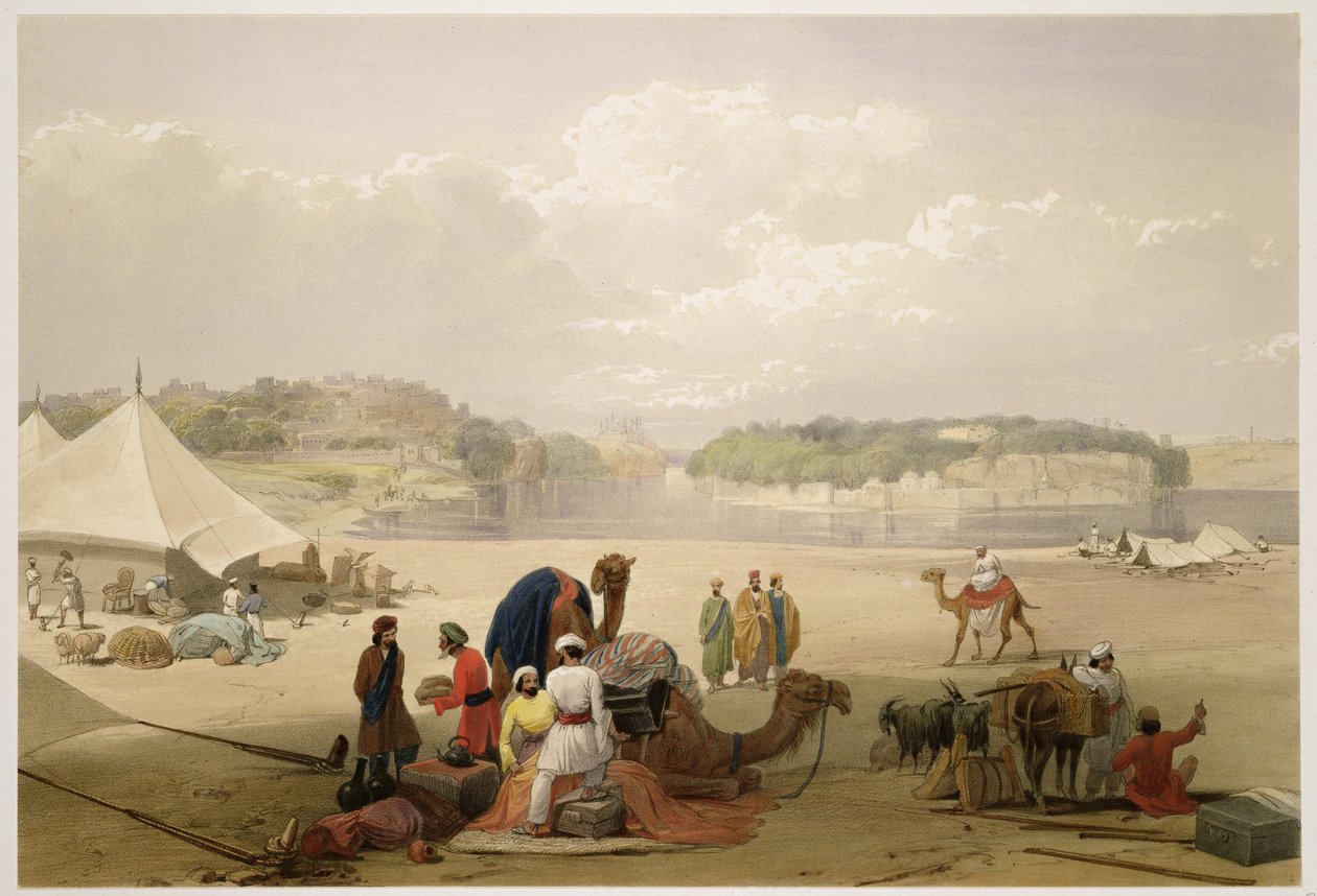 Roree镇和Bhukker堡垒，位于印度河上，来自&39;阿富汗的草图&39;，由Charles Haghe（1810-88）和Louis Haghe（1806-85）雕刻，由Henry Graves出版，1842年（颜色李 作者 詹姆斯·阿特金森
