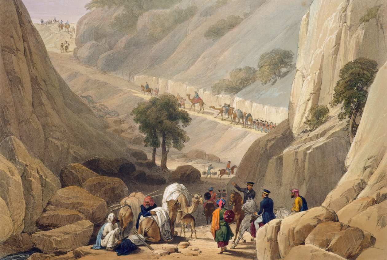 Koojah山口中亵渎狭窄部分的部队，来自“阿富汗的草图”，由Charles Haghe（1810-88）和Louis Haghe（1806-85）镌刻，由Henry Graves出版，18岁 作者 詹姆斯·阿特金森