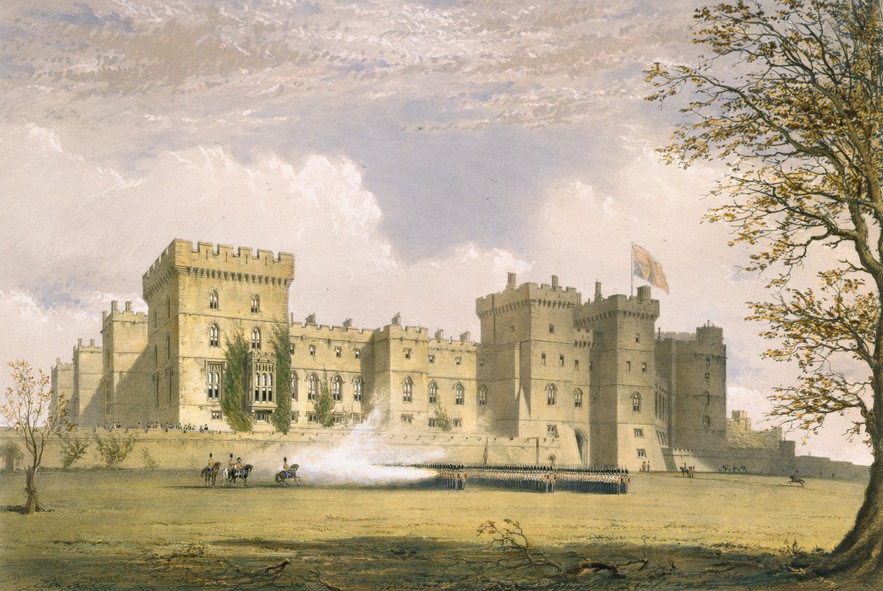 温莎城堡的东南视图，来自&39;温莎及其周围的风景&39;，1838年（chromolitho） 作者 詹姆斯·贝克·派恩
