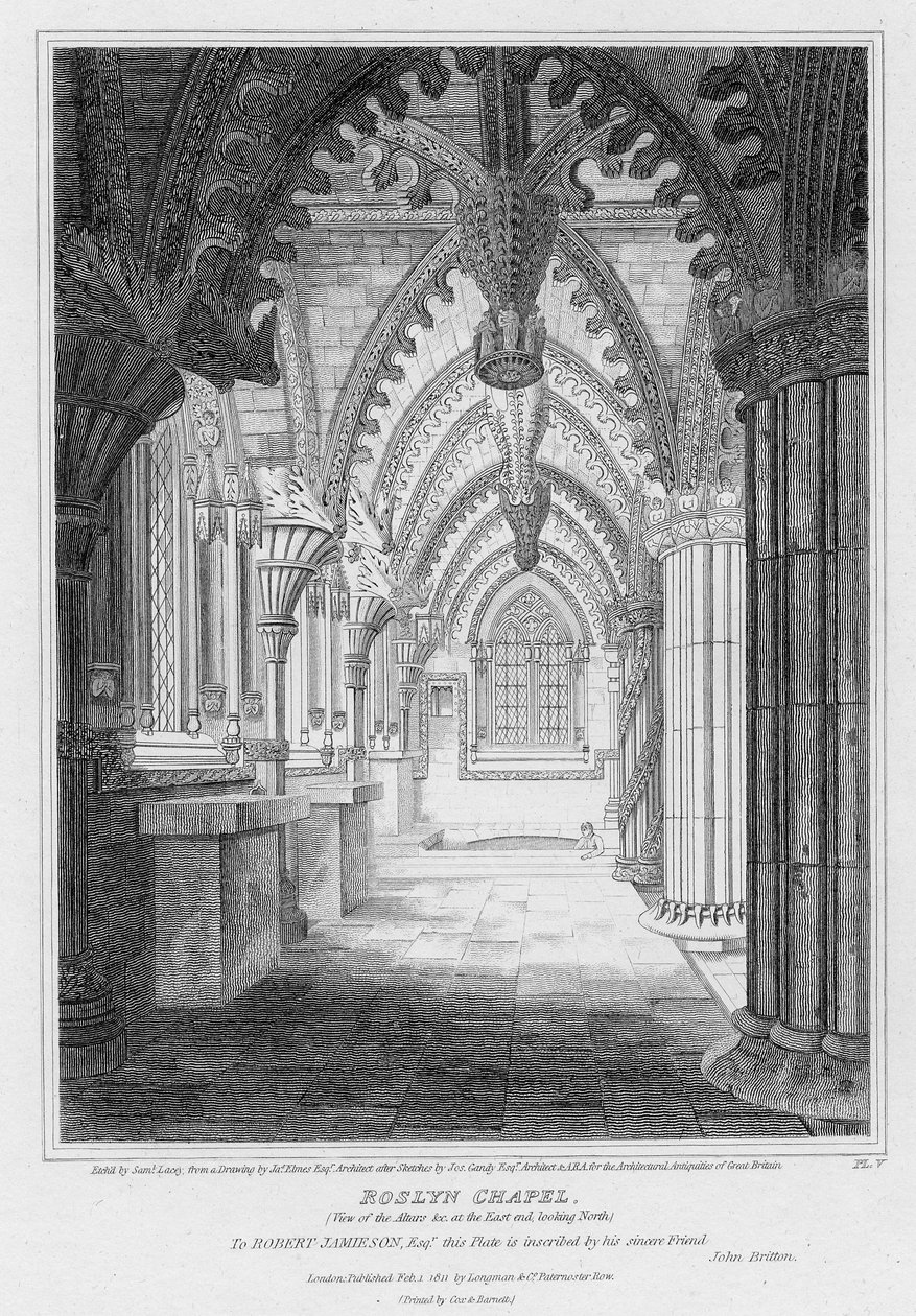 罗斯林教堂（Roslyn Chapel），俯瞰北方的祭坛的视图，由塞缪尔·莱西（Samuel Lacey）雕刻，1811年 作者 詹姆斯·埃姆斯