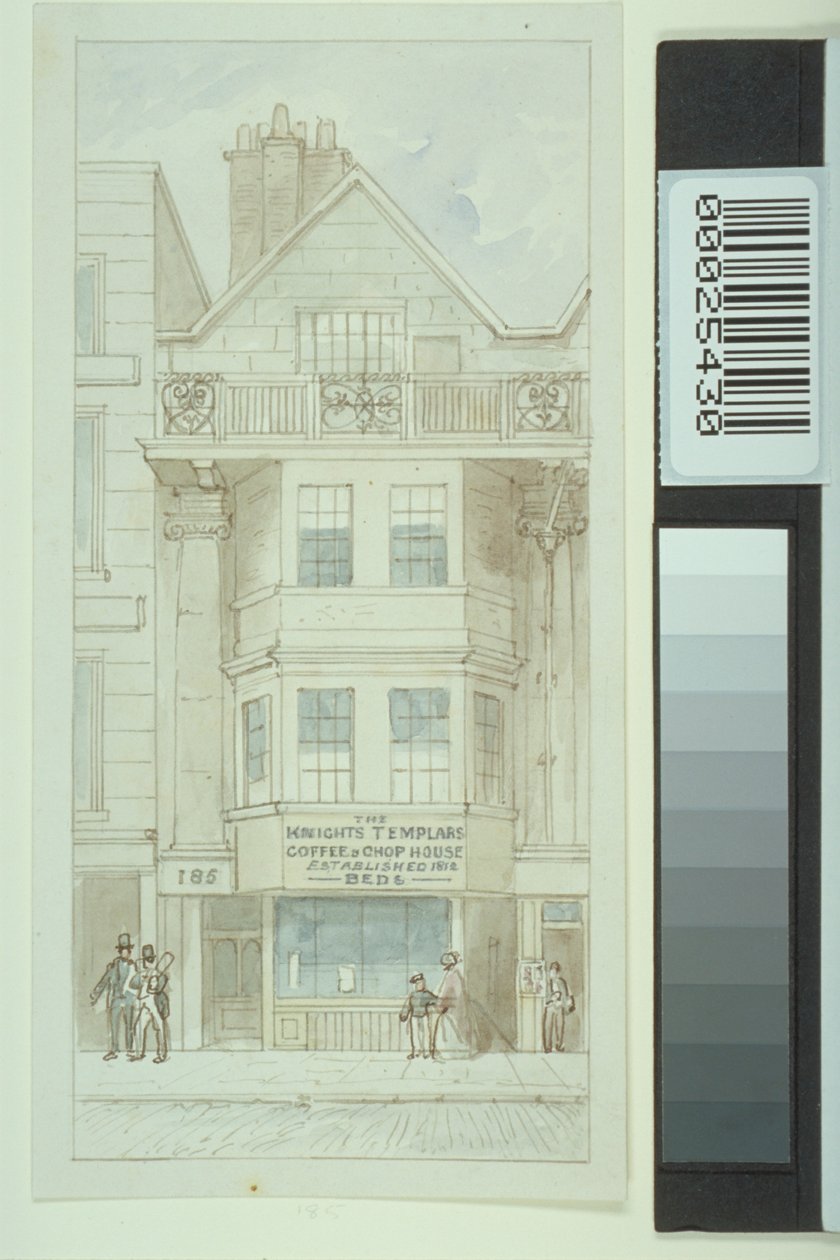 没有观点。 185 Fleet Street，数字走过Knights Templars Coffee and Chop House，1820年 作者 詹姆斯·芬德利