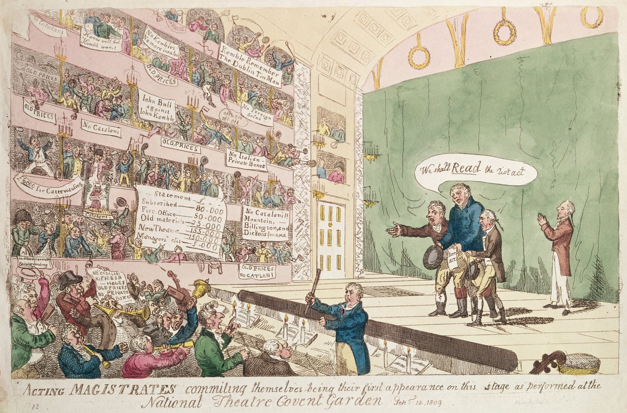代理裁判致力于自己，首次出现在伦敦国家剧院考文特花园，1809年（彩色版画） 作者 詹姆斯·吉里