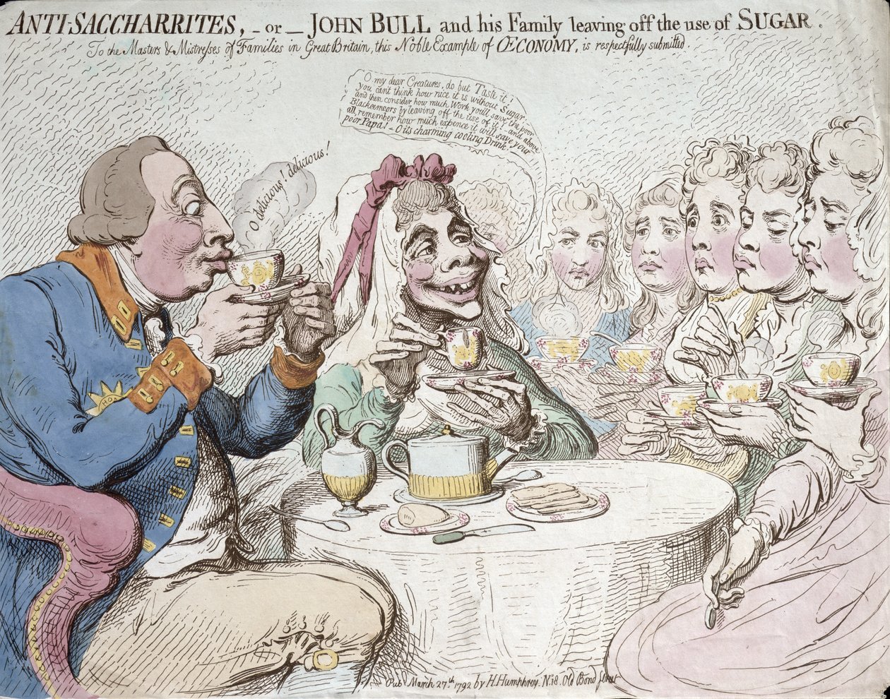 反巫术，或约翰·布尔和他的家人不使用糖，由Hannah Humphrey于1792年出版（手工蚀刻） 作者 詹姆斯·吉里
