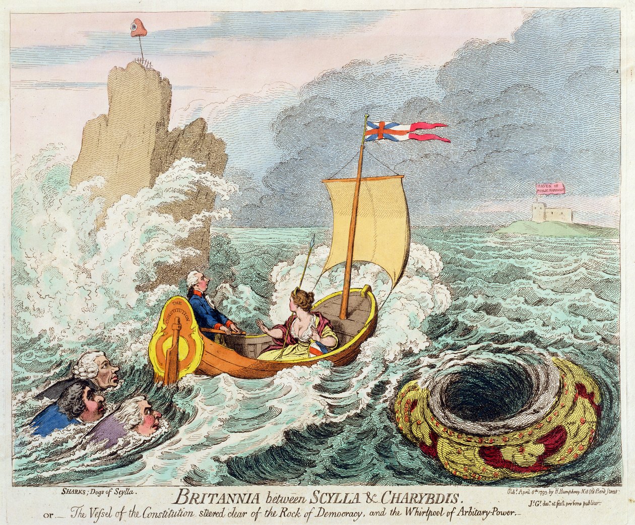 Scylla和Charybdis之间的Britannia，或者宪法的船只避开了汉拿Humphrey于1793年出版的民主之石和任意权力的漩涡（手绘色等） 作者 詹姆斯·吉里