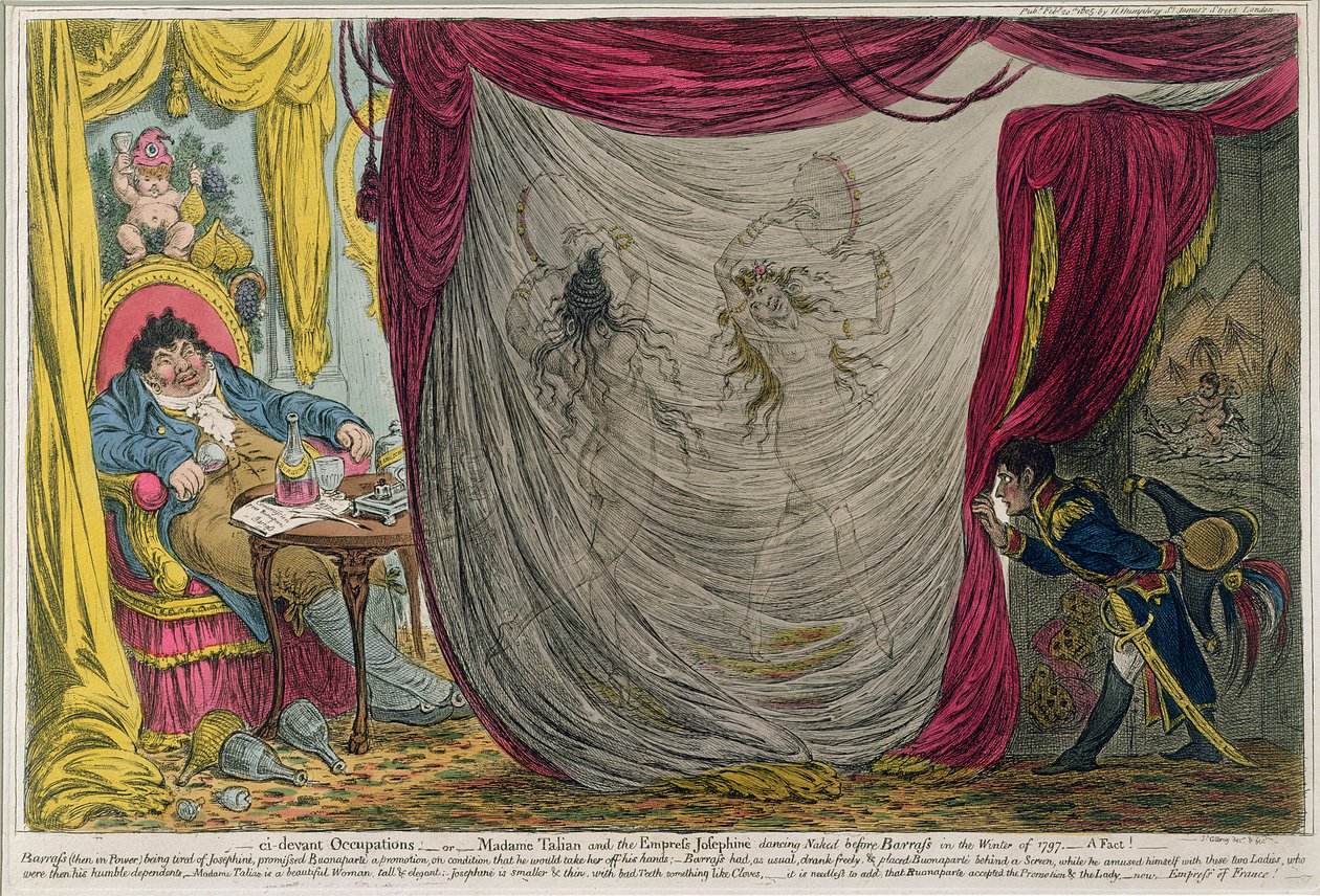 慈悲职业，或者是Talian夫人和女皇约瑟芬在1797年冬天的巴拉斯之前裸体舞蹈，由Hannah Humphrey于1805年出版（使用aquatint蚀刻） 作者 詹姆斯·吉里