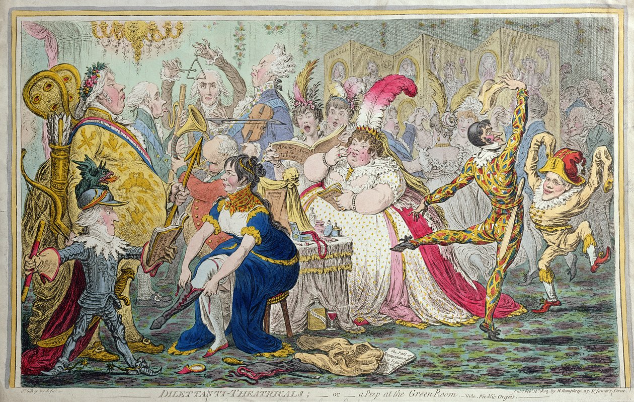 Dilettanti戏剧，或绿色房间的A窥视，由Hannah Humphrey于1803年出版（手工彩色蚀刻） 作者 詹姆斯·吉里