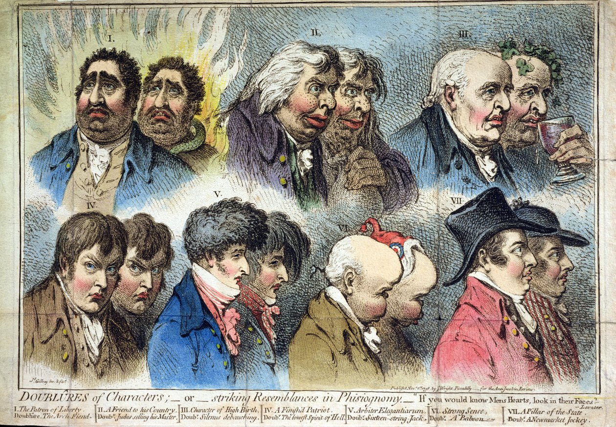 J. Wright于1798年出版的人物形象，或在Phisiognomy中引人注目的相似之处（手工蚀刻） 作者 詹姆斯·吉里