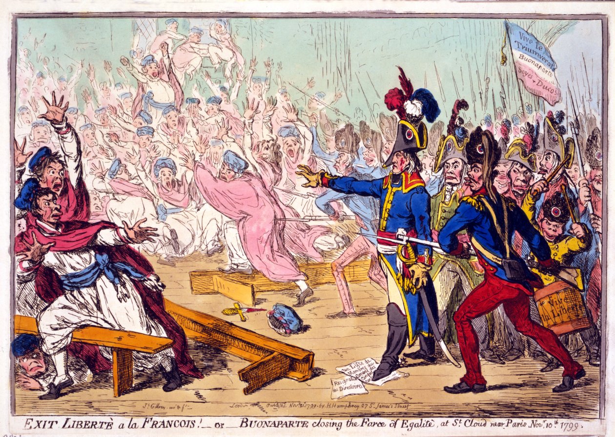 退出Libertèala Francois！或者Buonaparte关闭了Egalité的Farce，在1799年11月10日在巴黎附近的St. Cloud，酒吧。 1799年（手工彩色雕刻） 作者 詹姆斯·吉里