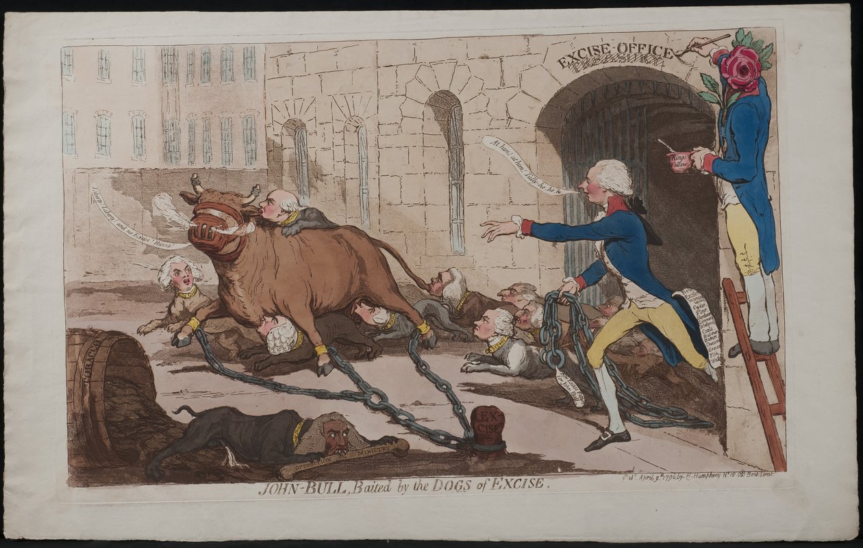 约翰·布尔（John Bull），1790年由“消费税之犬”（Dogs of Excise）引诱 作者 詹姆斯·吉里