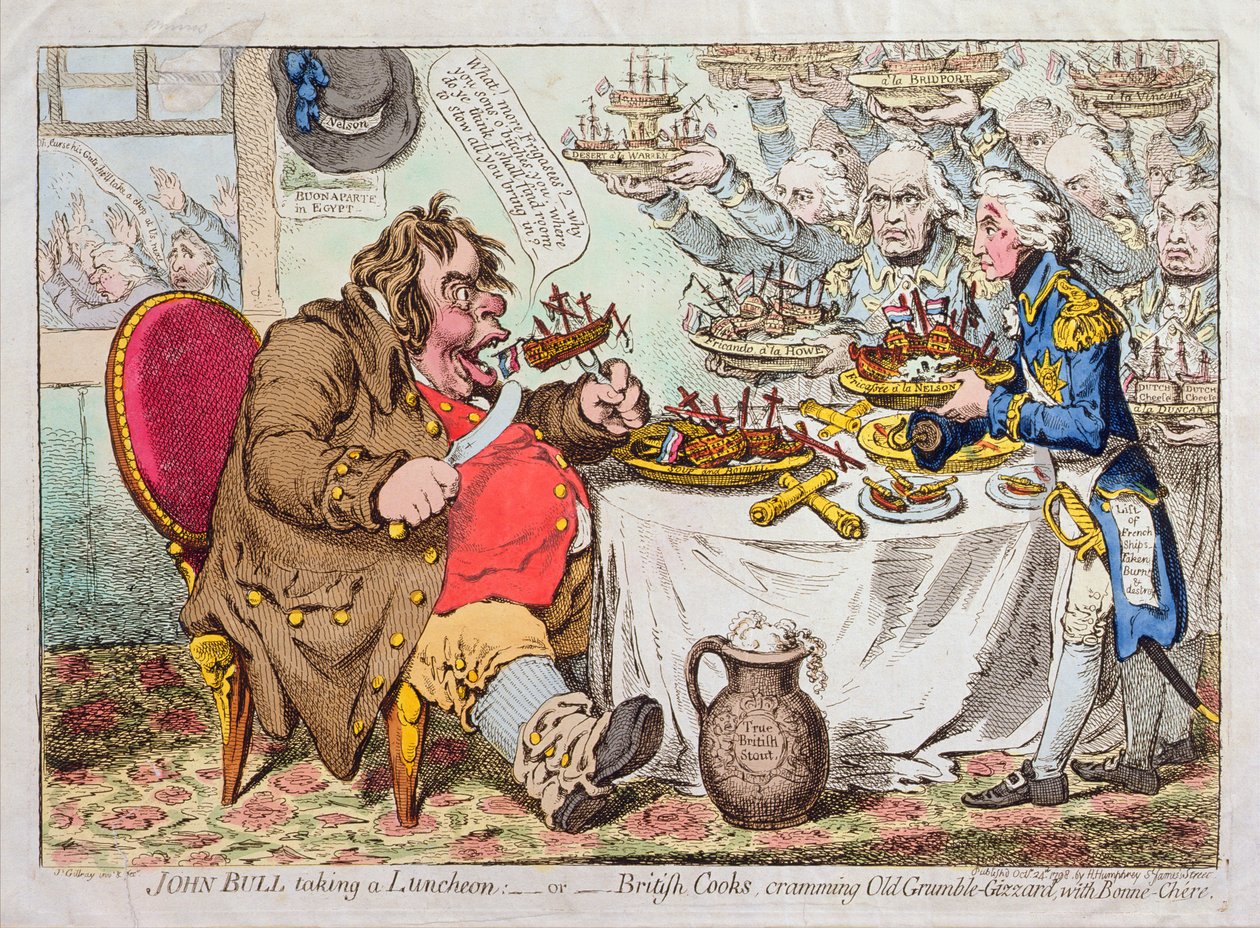 约翰·布尔（John Bull）带着午餐或英国厨师，用汉娜·汉弗里（Hannah Humphrey）于1798年出版的Bonne-Chere来填写Old Grumble-Gizzard（手工彩色蚀刻） 作者 詹姆斯·吉里