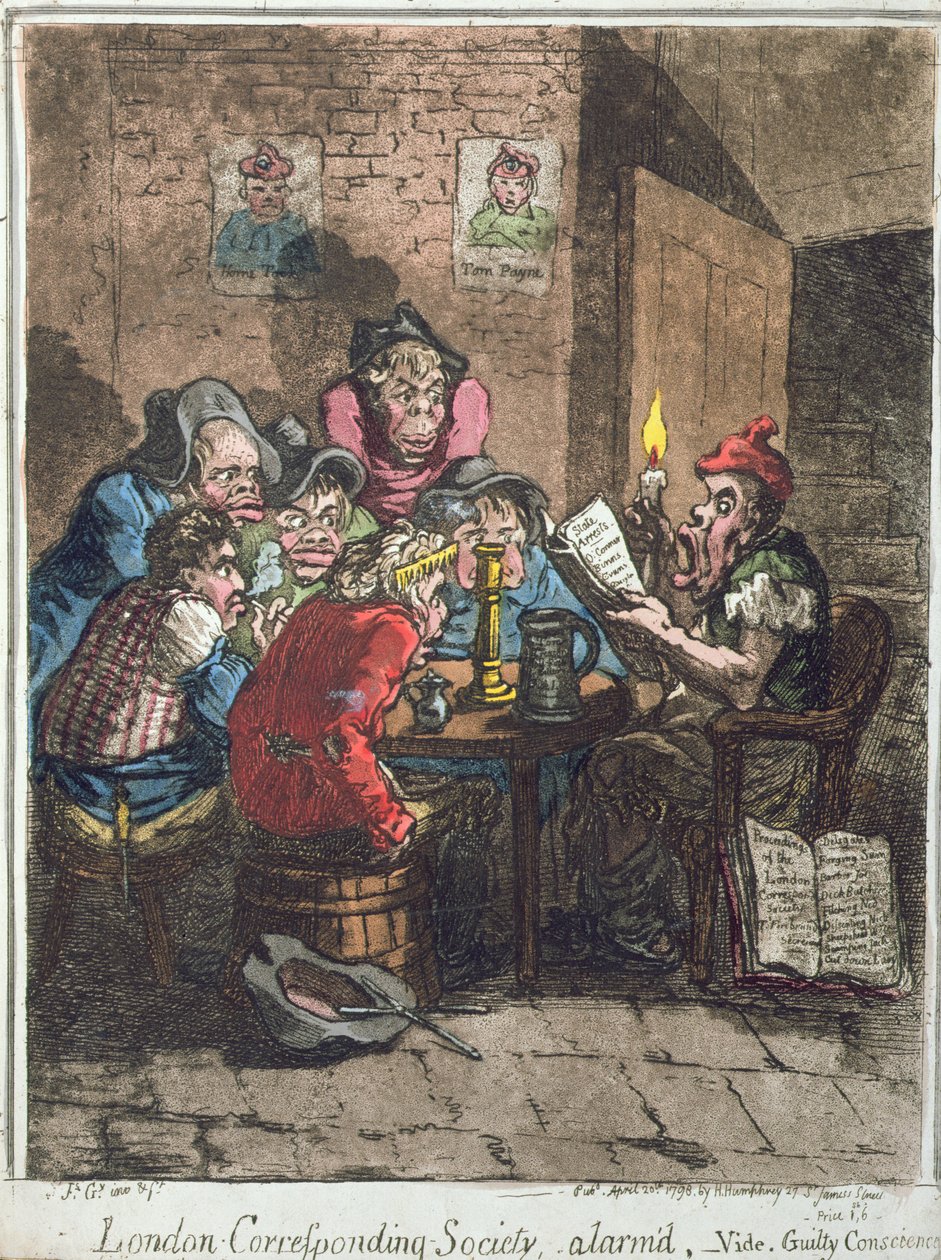 汉娜·汉弗里于1798年出版的伦敦对应社会，闹钟或有罪的良心（手工彩色蚀刻和aquatint） 作者 詹姆斯·吉里