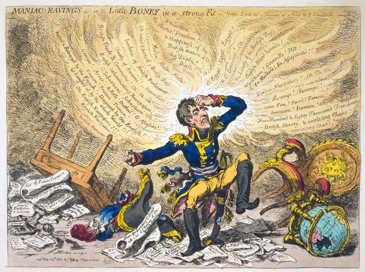 pub of Maniac Ravings，或者Little Boney in a Strong Fit，pub.1803（手工彩色雕刻） 作者 詹姆斯·吉里