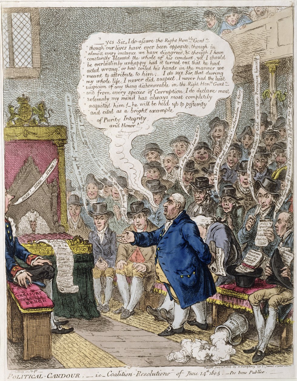 政治坦诚，即1805年6月14日的联盟“决议”.Pen Bono Publico，由Hannah Humphrey于1805年出版（手工蚀刻） 作者 詹姆斯·吉里