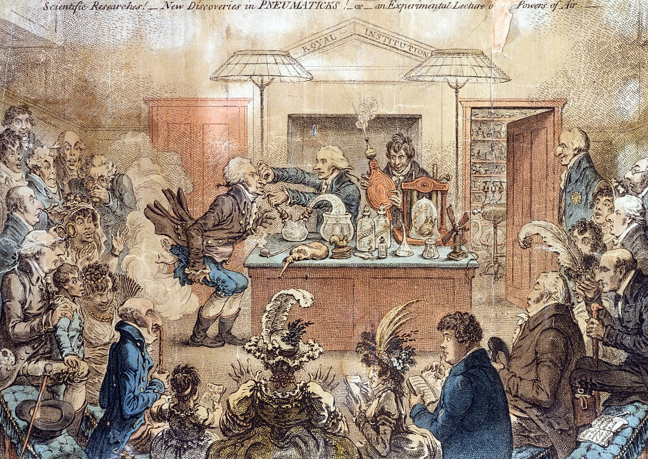 科学研究！ PNEUMATICKS的新发现！或者是关于空气力量的实验讲座，皇家学院讲座的卡通片，展示了笑气的影响（硝基 作者 詹姆斯·吉里