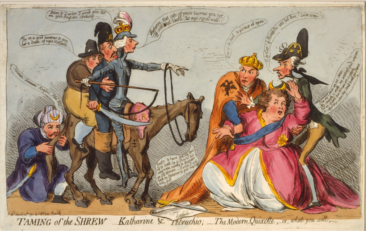 驯服泼妇，凯瑟琳和Petruchio，现代的Quixotte或你将会如何，1791（手工蚀刻） 作者 詹姆斯·吉里