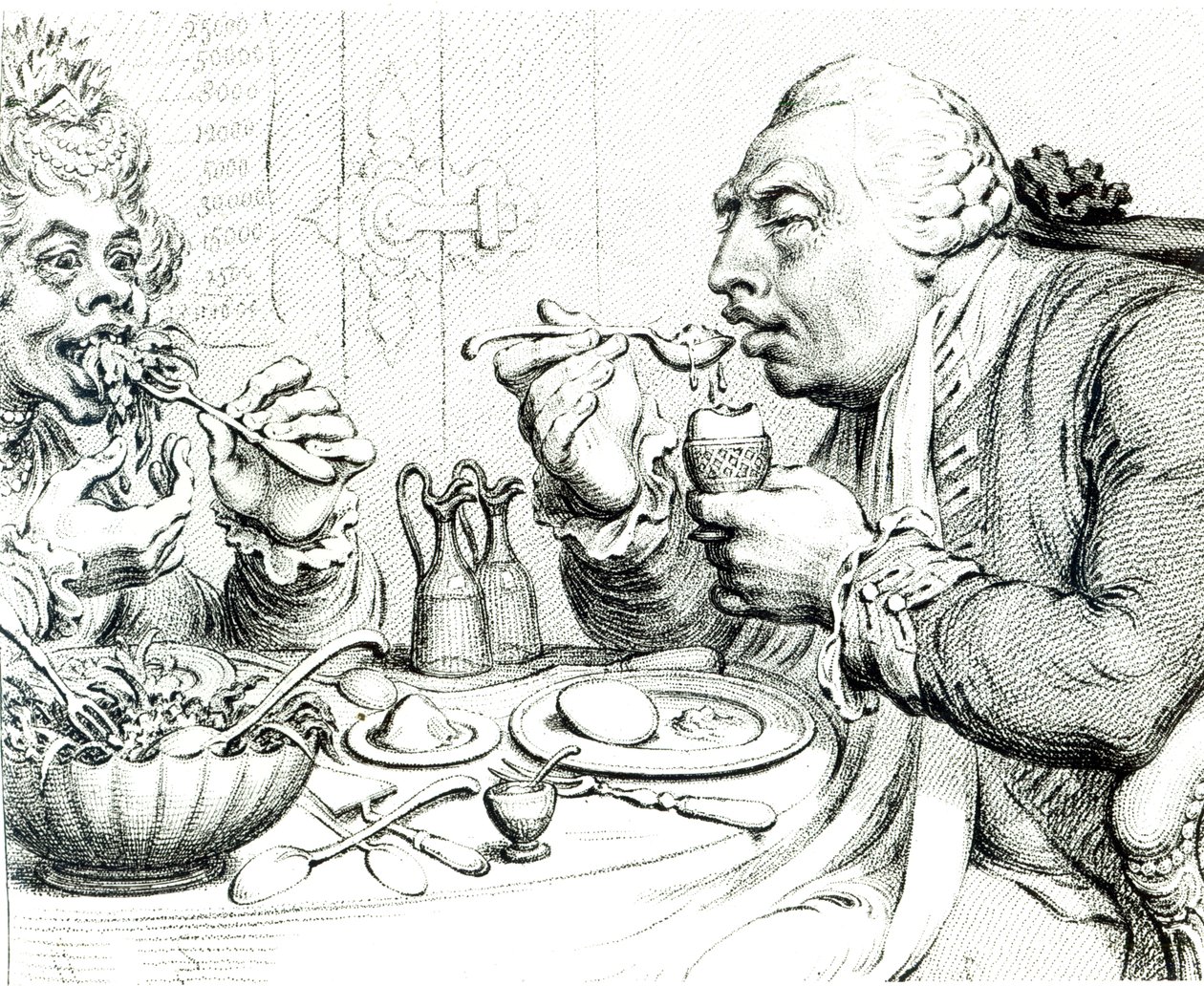 享受节俭的节食，乔治三世和夏洛特女王的漫画（bw print） 作者 詹姆斯·吉里