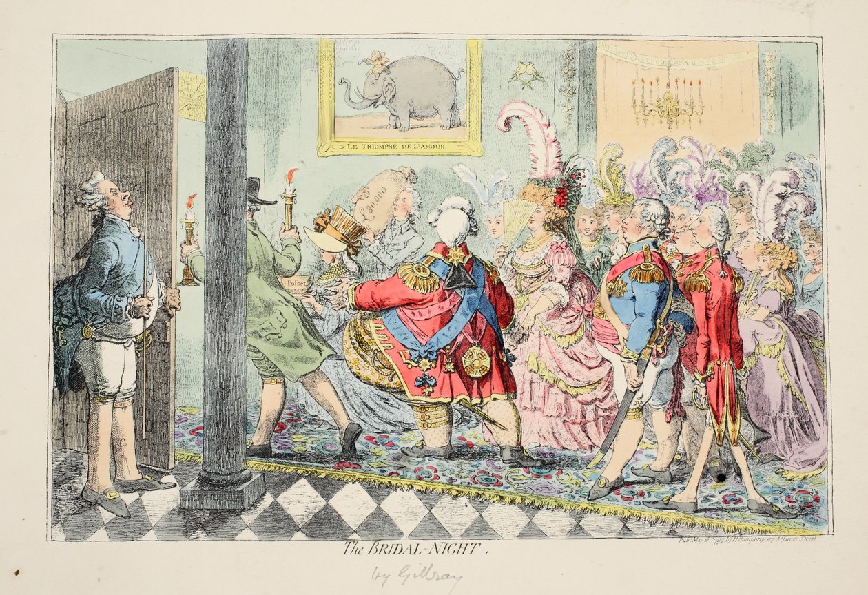 新娘之夜，1797年（手工彩色蚀刻） 作者 詹姆斯·吉里