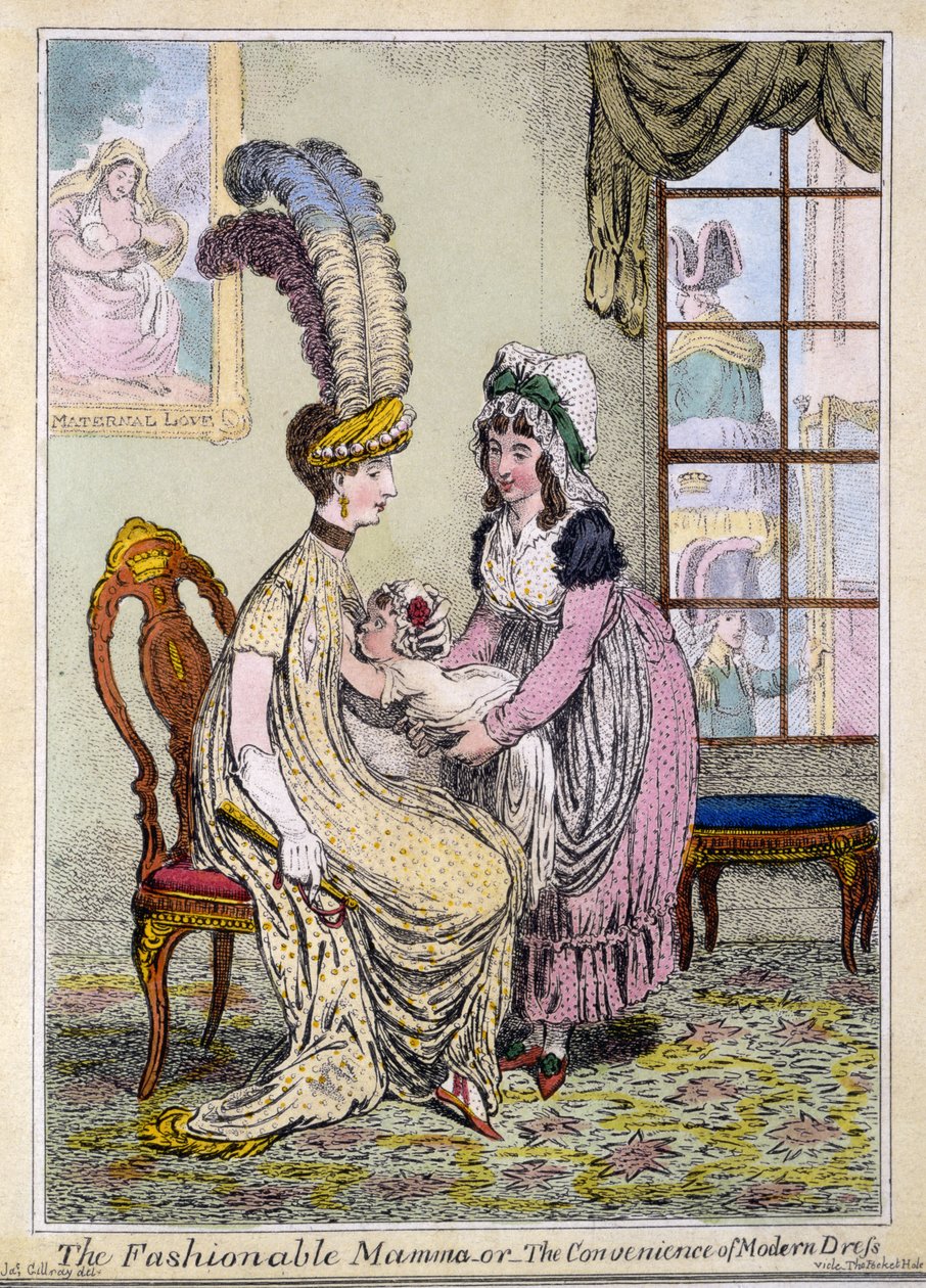 时尚妈妈，或现代服饰的便利，酒吧。 1796年的伦敦（手工彩色雕刻） 作者 詹姆斯·吉里