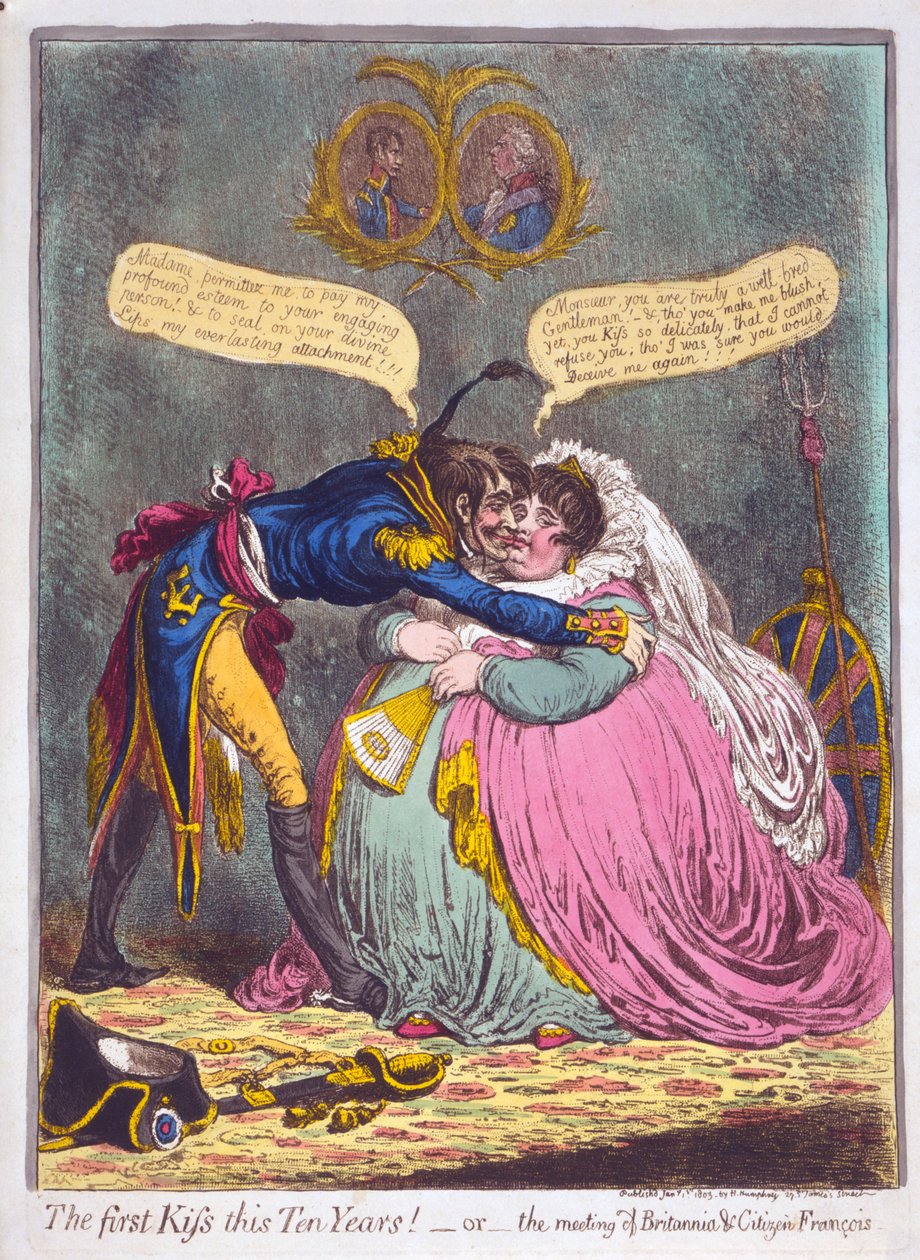 这个十年的初吻！或者Britannia und Citizen Francois，pub。 1803（手工彩色雕刻） 作者 詹姆斯·吉里
