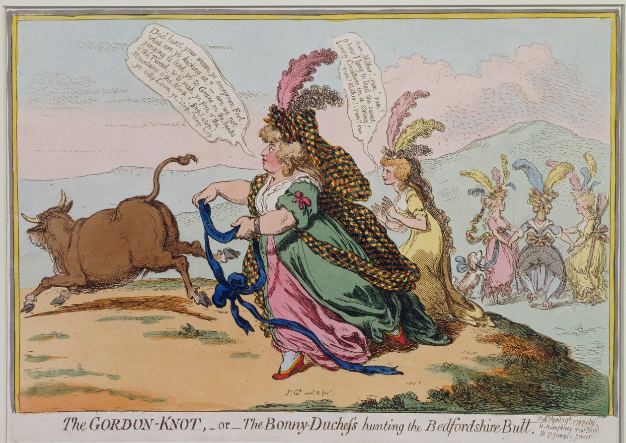 1797年Hannah Humphrey出版的Gordon-Knot，或称为贝德福德公牛的Bonny公爵夫人（手工彩色蚀刻） 作者 詹姆斯·吉里