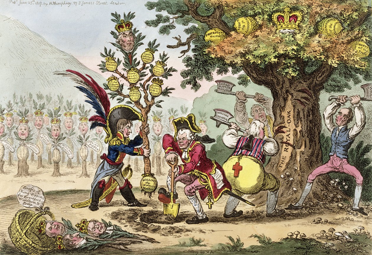 新王朝，或小科西嘉加德纳种植皇家皮平树，由Hannah Humphrey于1807年出版（手工蚀刻） 作者 詹姆斯·吉里