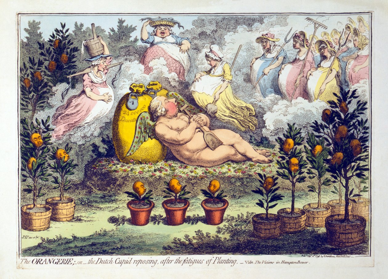 Orangerie  - 或 - 荷兰丘比特在种植疲劳之后寄居，于1796年出版（手工彩色雕刻） 作者 詹姆斯·吉里