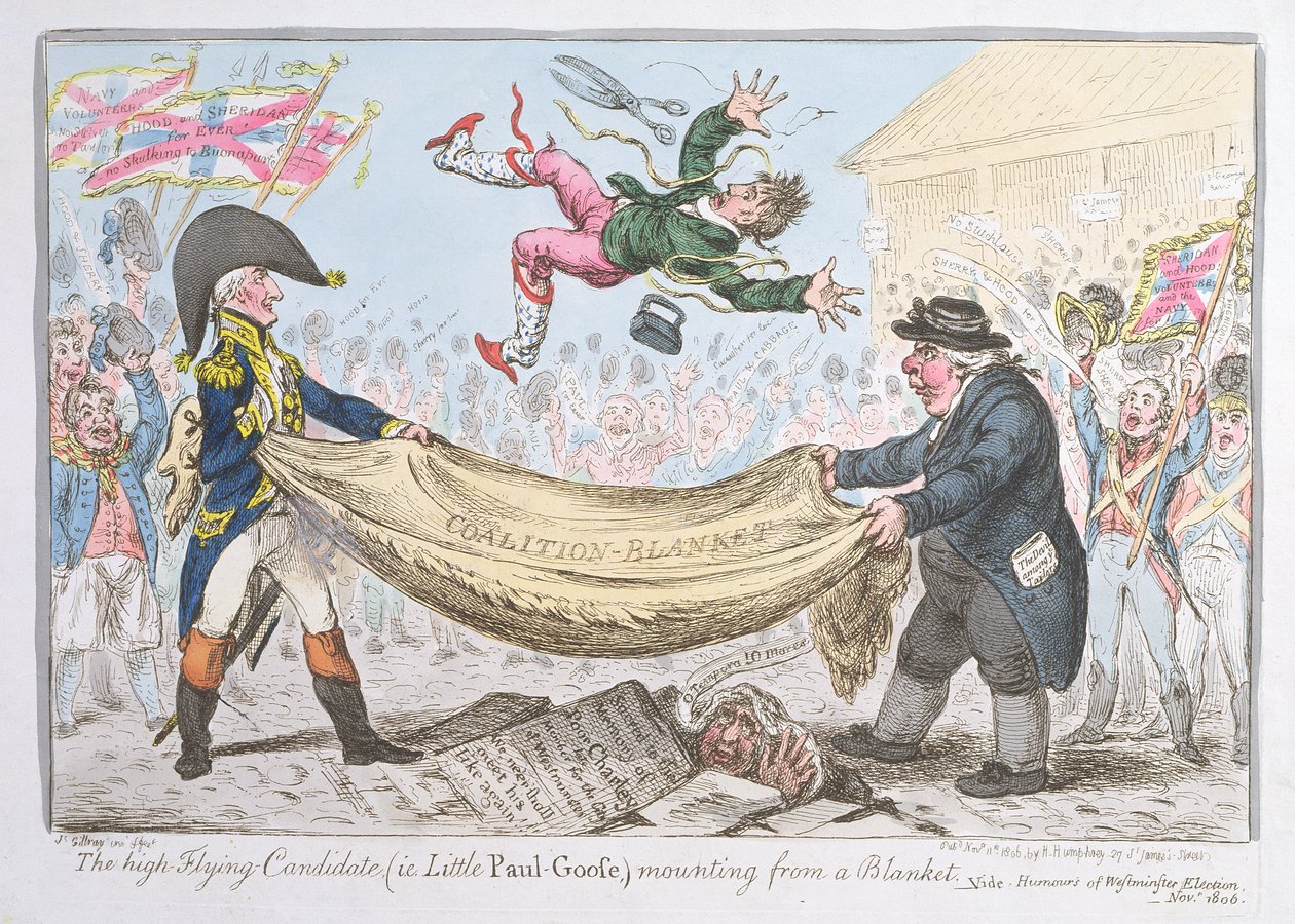 高空飞行候选人（即Little Paul Goose）从毯子上安装，由Hannah Humphrey于1806年出版（手工彩色蚀刻） 作者 詹姆斯·吉里