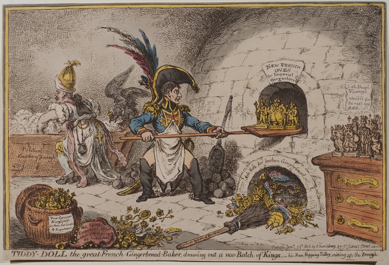 Tiddy-Doll是伟大的法国姜饼面包师，推出了一批新的国王，1806年 作者 詹姆斯·吉里