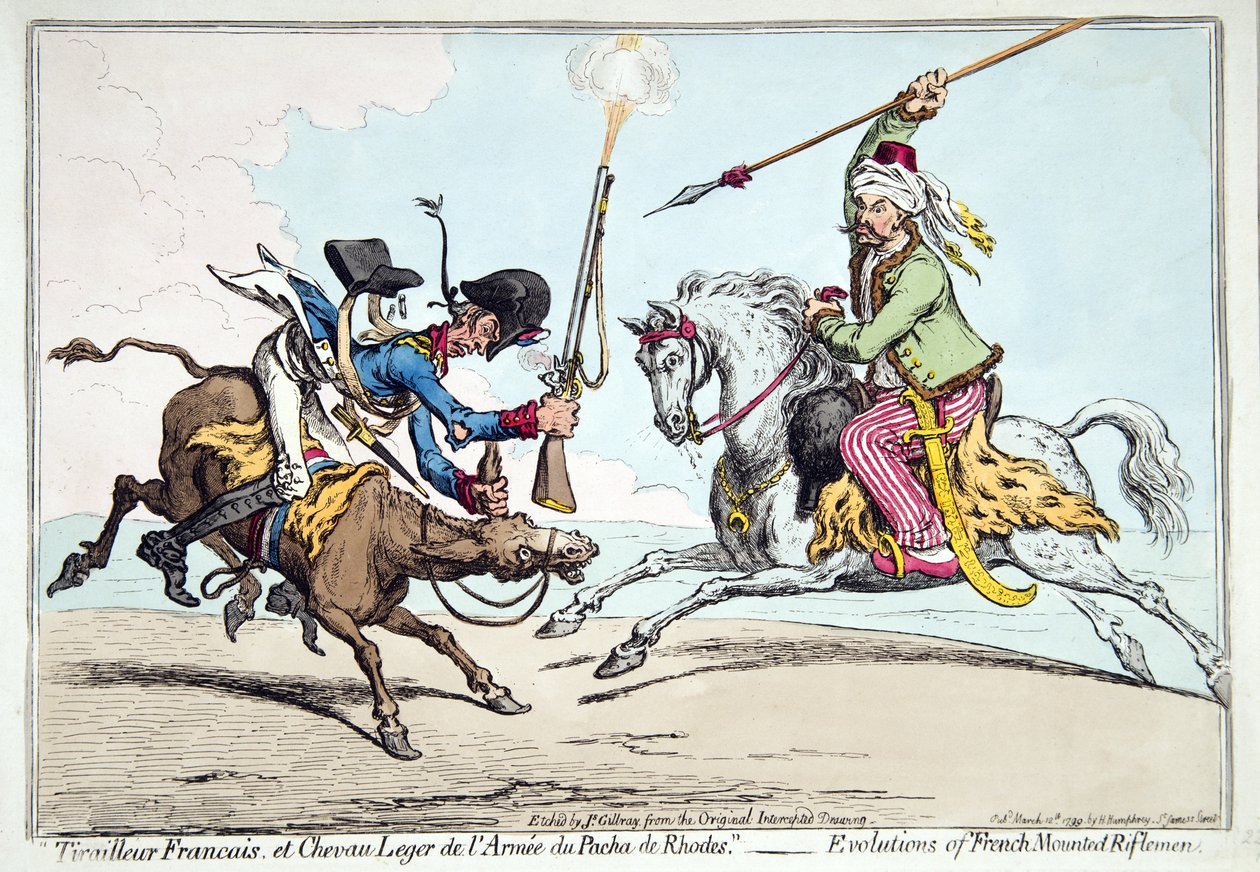 Tiraille Francais et Chevau Leger de l&39;Armee du Pacha de Rhodes，或法国骑兵的演变，由Hannah Humphrey于1799年出版（手工蚀刻） 作者 詹姆斯·吉里