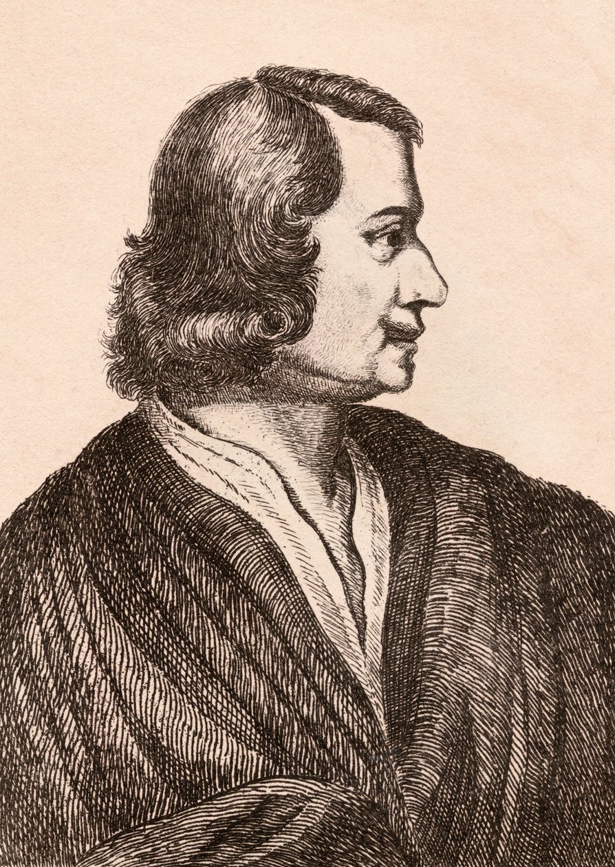 尼古拉斯·普桑（Nicolas Poussin），来自“真实原创的着名画家的75幅画像”的插图，于1817年在伦敦出版 作者 詹姆斯·吉尔丁