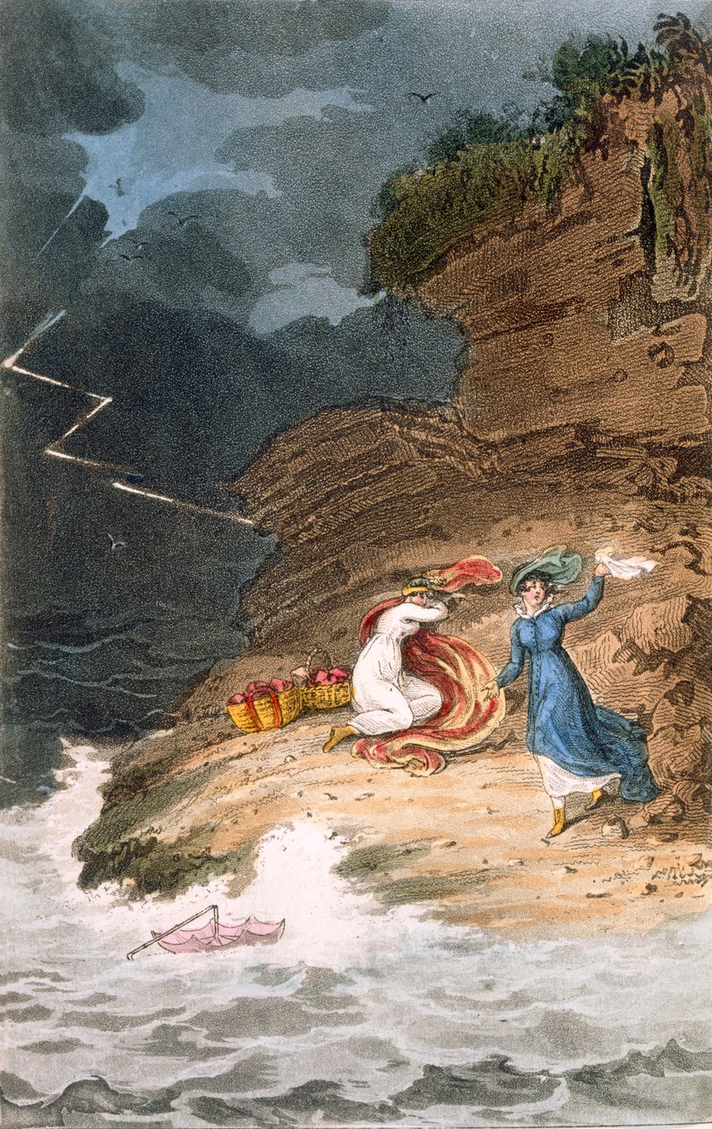 两个早期的摄政美女在风暴的海滩上捕获，由Joseph Constantine Stadler雕刻，1795-1805（彩色雕刻） 作者 詹姆斯·格林