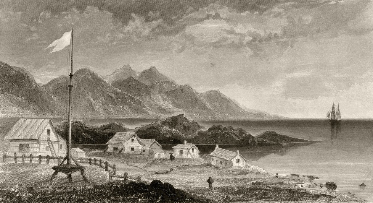来自总督府的Fiskenaes，由AW Graham雕刻，来自“1853年54,55年的北极探险”，第一卷，由Elisha Kent Kane博士（1820-57）出版，费城，1856年 作者 詹姆斯·汉密尔顿