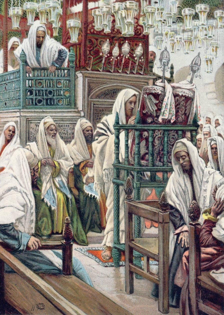 耶稣在犹太教堂展开这本书，为“La Vie de notre Seigneur Jesus-Christ”的插图，出版于Tours 1896 作者 詹姆斯·雅克·约瑟夫·天梭