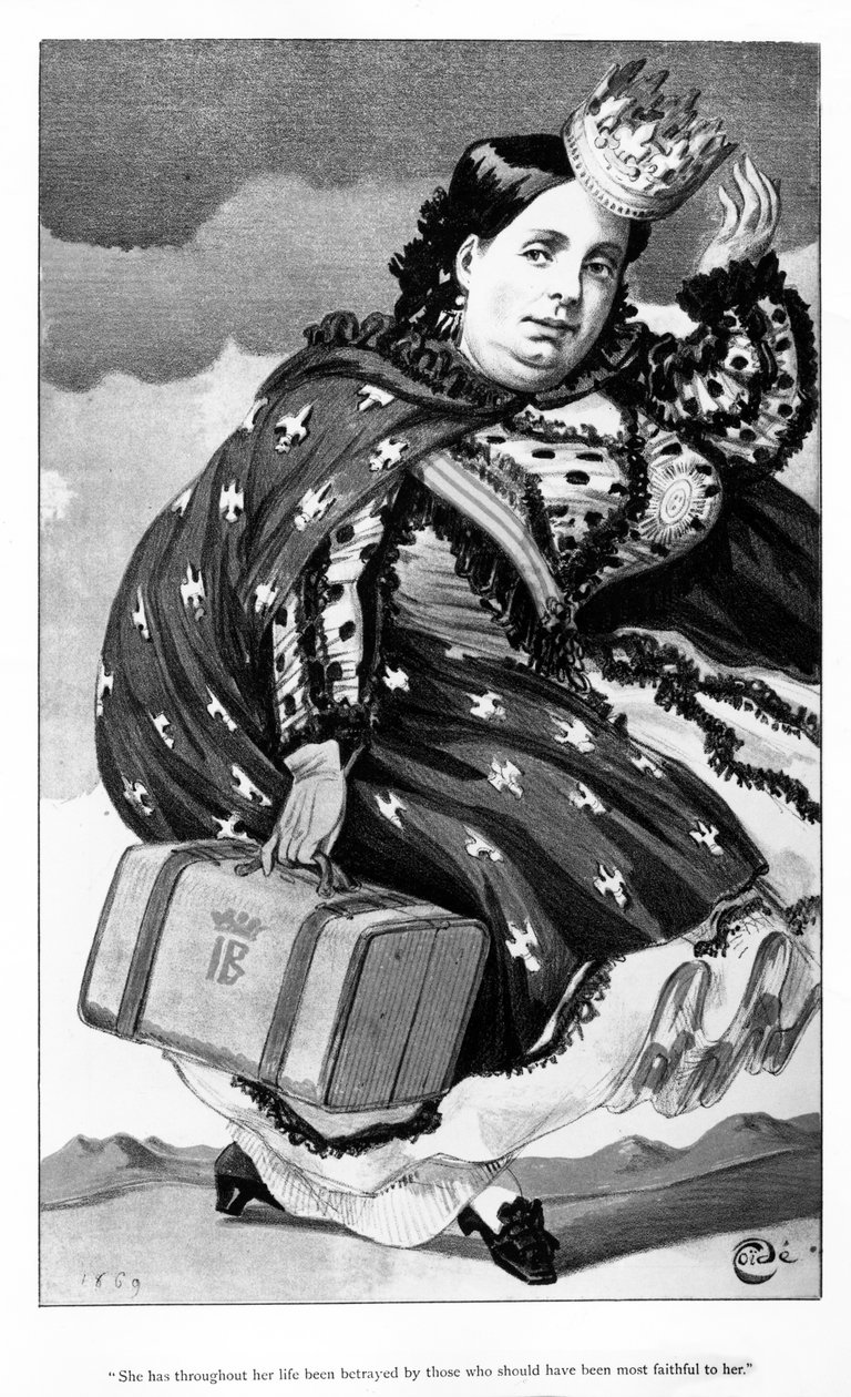 西班牙女王伊莎贝拉二世，卡通于1869年9月18日在“名利场”杂志上发表 作者 詹姆斯·雅克·约瑟夫·天梭