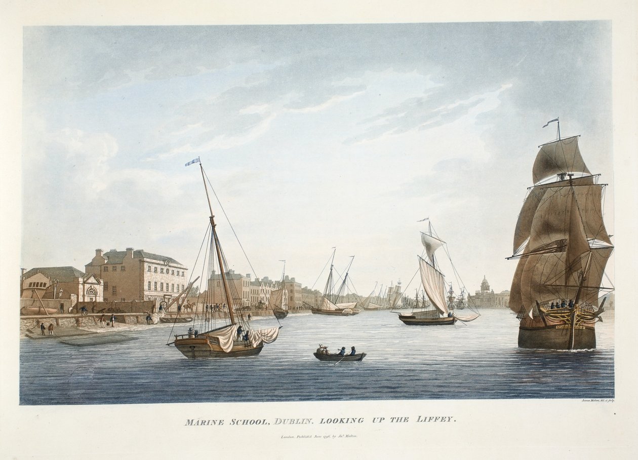 都柏林海洋学校，查看1796年的Liffey（手工彩色雕刻） 作者 詹姆斯·莫尔顿