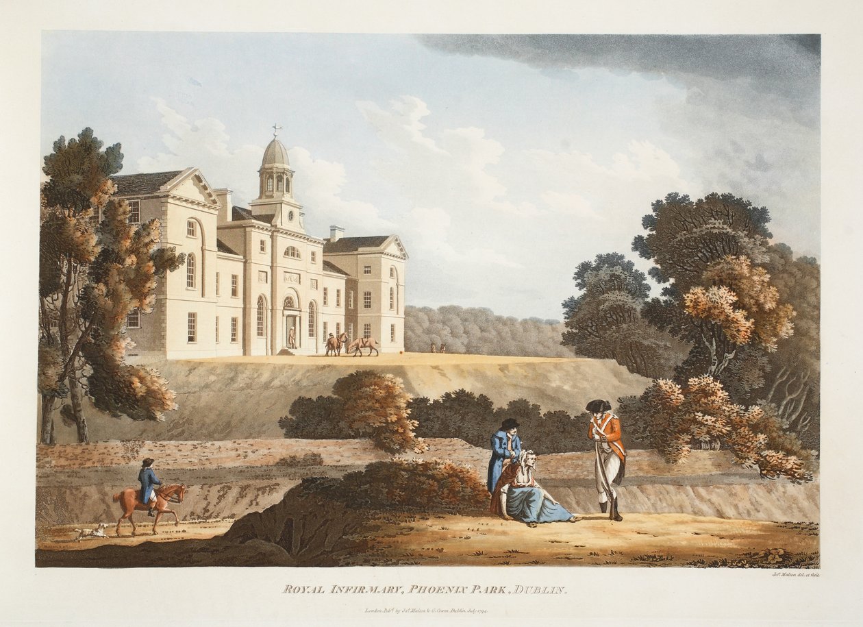 皇家医院，凤凰公园，都柏林，1794年（手工彩色雕刻） 作者 詹姆斯·莫尔顿