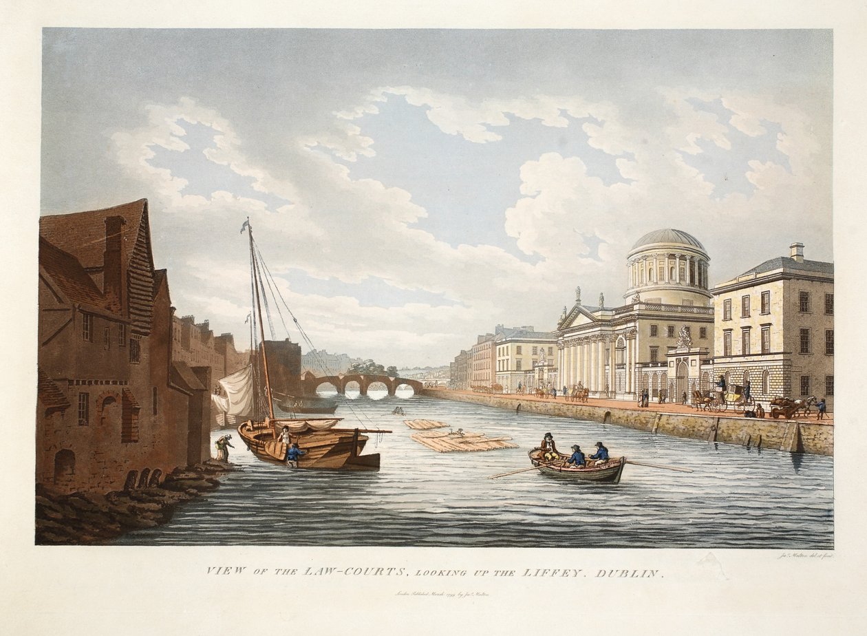 查看法院，查看Liffey，都柏林，1799年（手工彩色雕刻） 作者 詹姆斯·莫尔顿