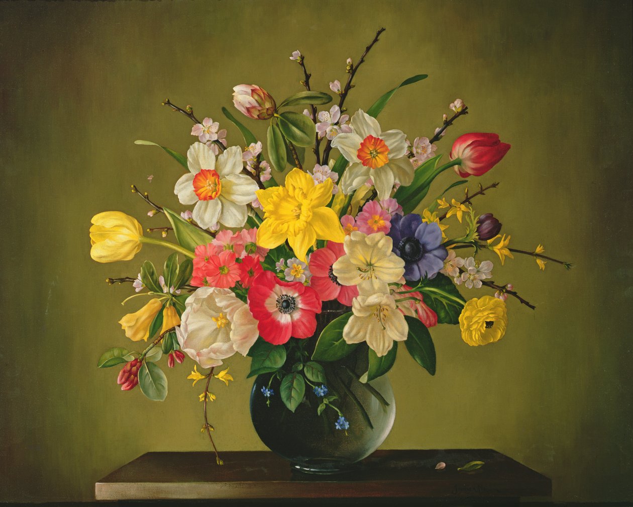 Narcissi，海葵，郁金香，连翘，杜鹃花和苹果花在玻璃花瓶 作者 詹姆斯·诺布尔