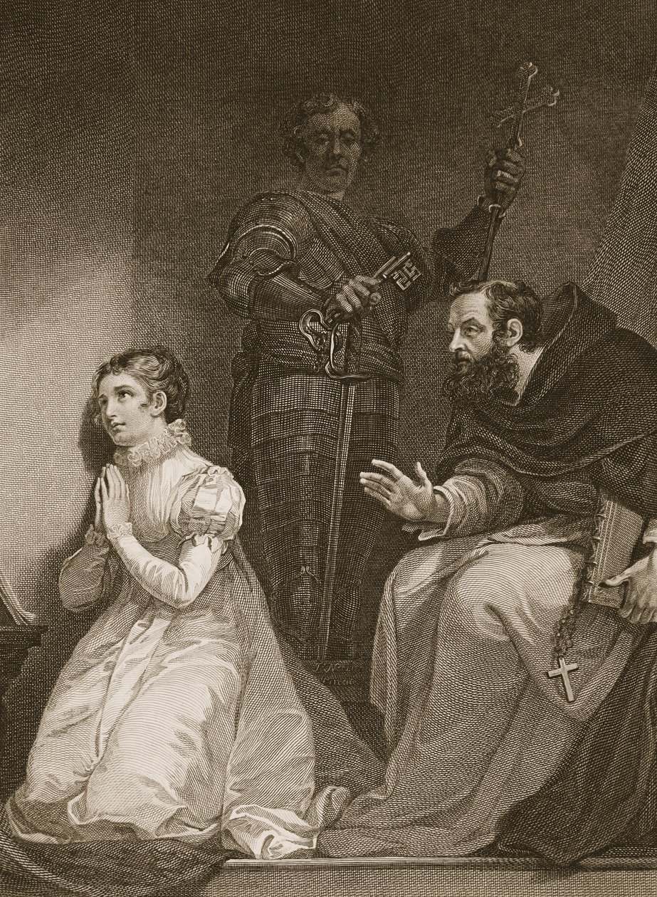 Feckenham按女王的命令访问了塔中的Lady J. Gray，由W. Bromley雕刻，David Hume的“英国历史”酒吧的插图。作者：R. Bowyer，伦敦，1812年 作者 詹姆斯·诺斯科特