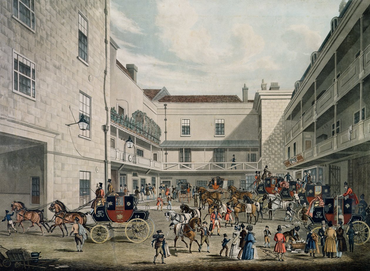 皇家邮政教练离开The Swan与Two Necks Inn，Lad Lane，由F. Rosenberg雕刻，1831年 作者 詹姆斯·波拉德