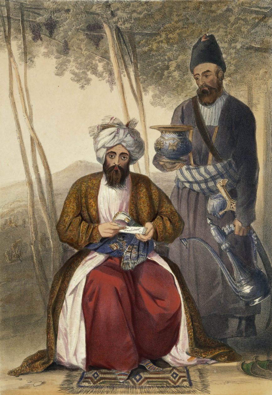 Mahommed Naib Shurreef，着名的Kuzzilbach Caubul酋长和他的Peshkhidmut或Head Attendant，来自“阿富汗的风景，居民和服装”的第15页，由Robert Carrick雕刻（c.1 作者 詹姆斯·拉特雷