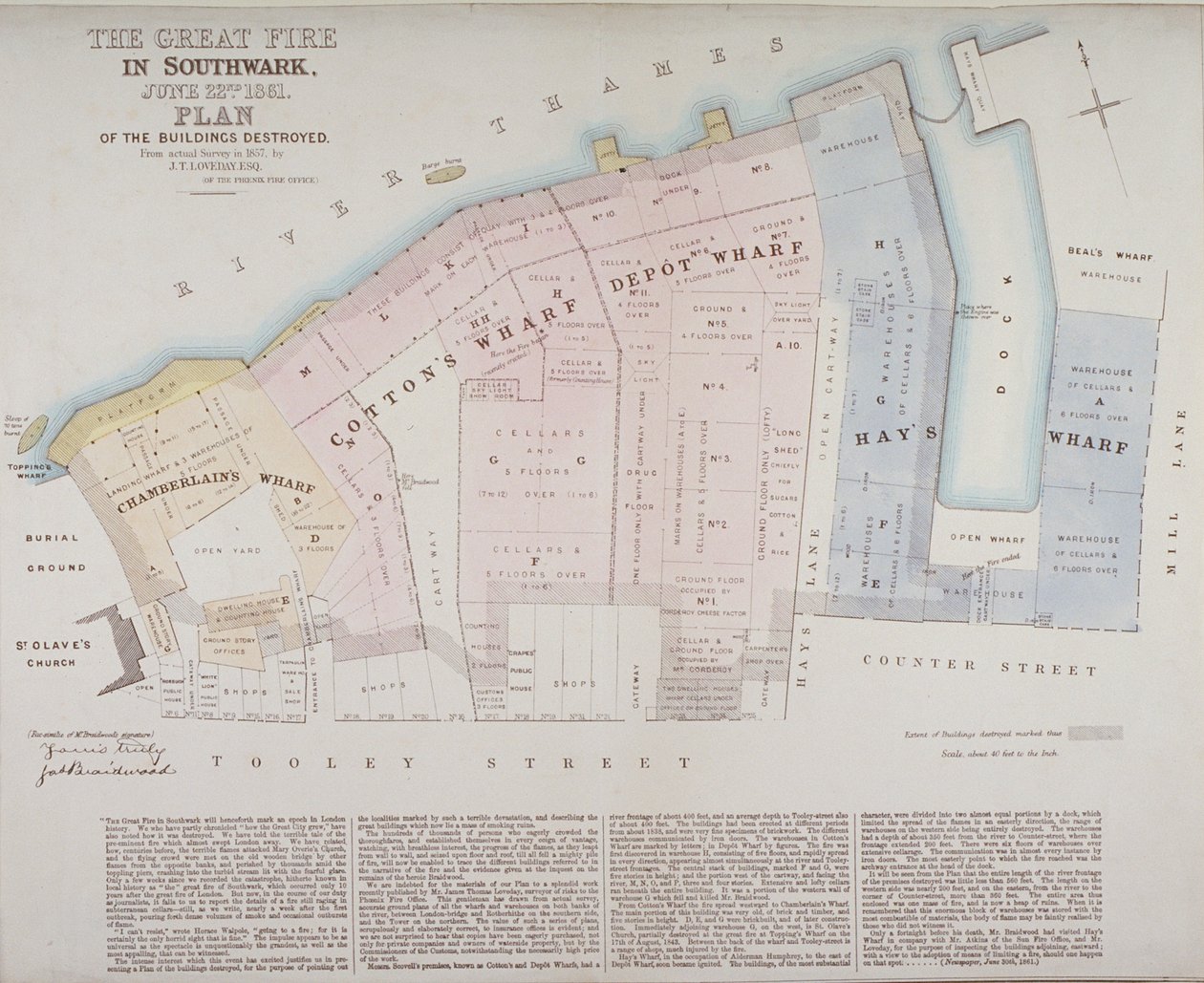 在1861年的棉花码头火灾中，在Chamberlains Wharf，Cottons Wharf和Hays Wharf被毁的建筑物的计划 作者 詹姆斯·托马斯·洛夫迪