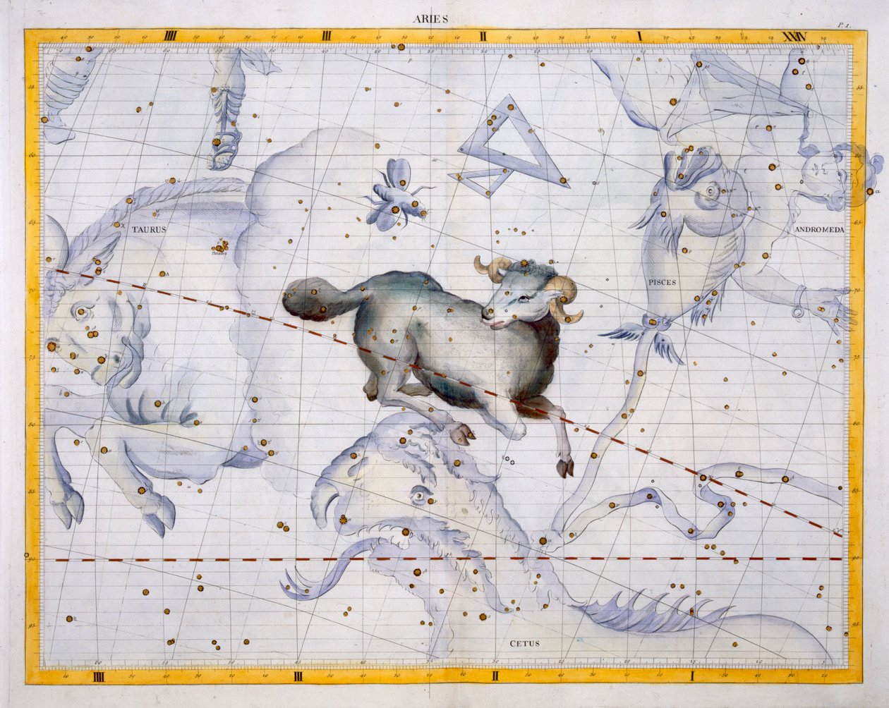 白羊座星座，来自&39;Atlas Coelestis&39;的4号板，作者John Flamsteed（1646-1710），于1729年出版（手工彩色雕刻） 作者 詹姆斯·桑希尔