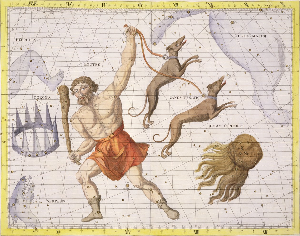 星系的靴子，来自&39;Atlas Coelestis&39;的20号板，John Flamsteed（1646-1710），于1729年出版（手工彩色雕刻） 作者 詹姆斯·桑希尔