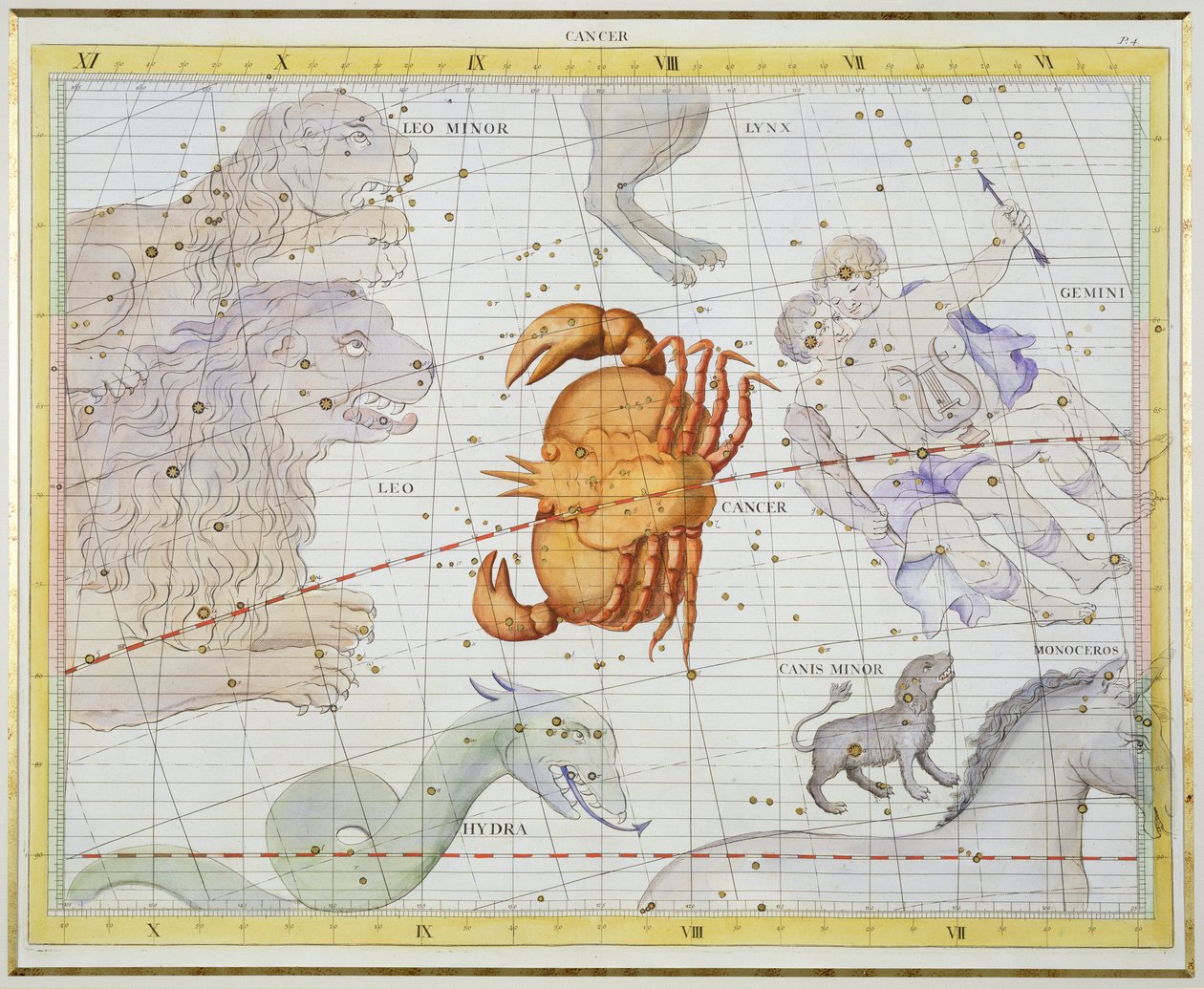癌症星座，来自&39;Atlas Coelestis&39;的第4版，作者John Flamsteed（1646-1710），于1729年出版（手工彩色雕刻） 作者 詹姆斯·桑希尔