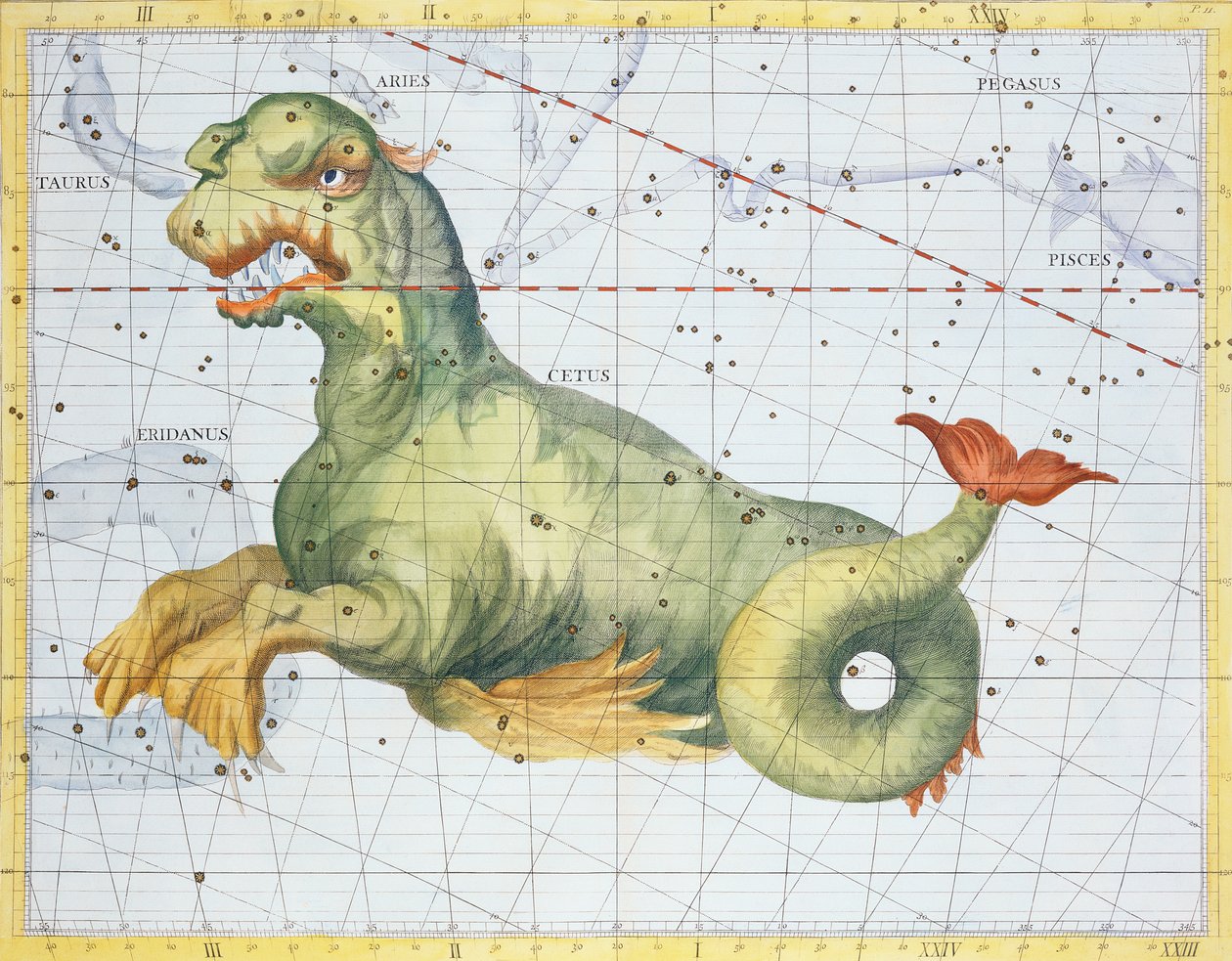 “鲸鱼鲸鱼”的星座，来自John Flamsteed（1646-1719）的“Atlas Coelestis”，酒吧。在1729年（手工彩色雕刻） 作者 詹姆斯·桑希尔