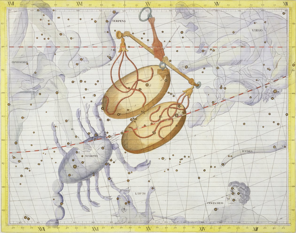 天秤座，来自&39;Atlas Coelestis&39;的7号板块，约翰弗拉姆斯蒂德（1646-1710），1729年出版（手工彩色雕刻） 作者 詹姆斯·桑希尔