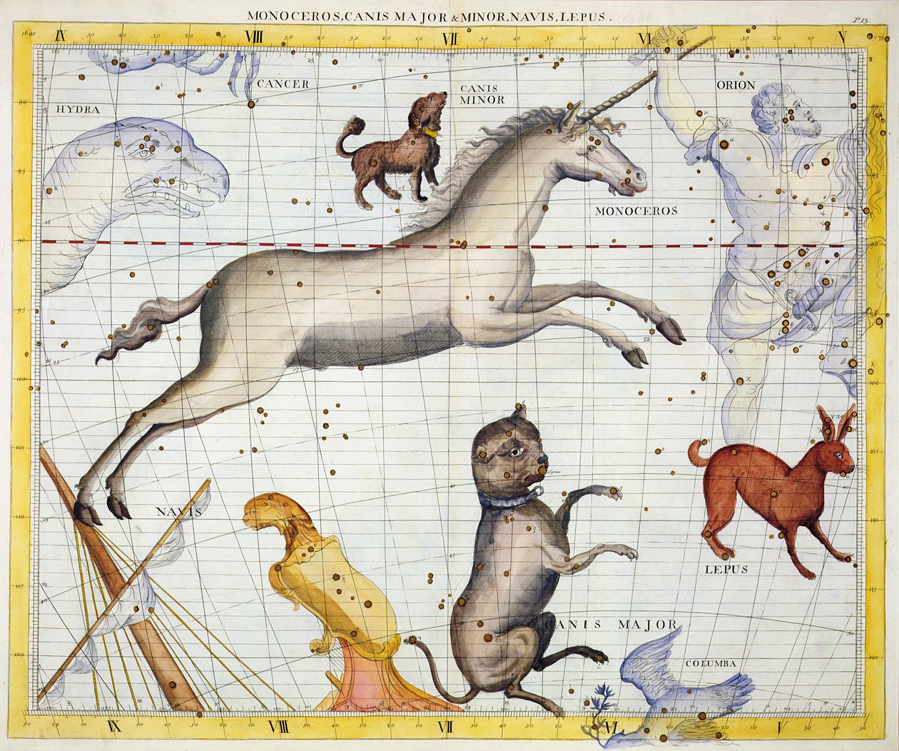 Canis Major和Minor的Monoceros星座，来自&39;Atlas Coelestis&39;的13号板，John Flamsteed（1646-1710），1729年出版（手工彩色雕刻） 作者 詹姆斯·桑希尔