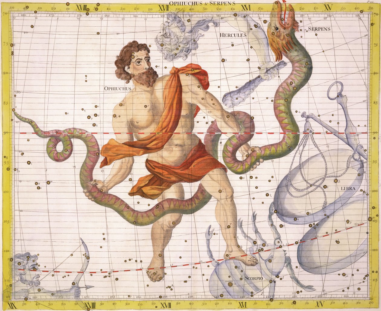 Ophiucus和Serpens星座，来自&39;Atlas Coelestis&39;的22号板，John Flamsteed（1646-1710），于1729年出版（手工彩色雕刻） 作者 詹姆斯·桑希尔