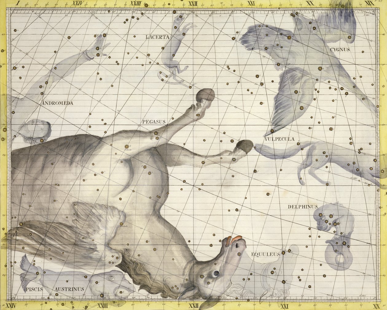 Pegasus的星座，来自&39;Atlas Coelestis&39;的25号板，由John Flamsteed（1646-1710）发表，于1729年出版（手工彩色雕刻） 作者 詹姆斯·桑希尔
